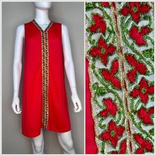 Vintage 1970s Red Nightgown Green and Red Floral Trim 70s Lorraine Lingerie
