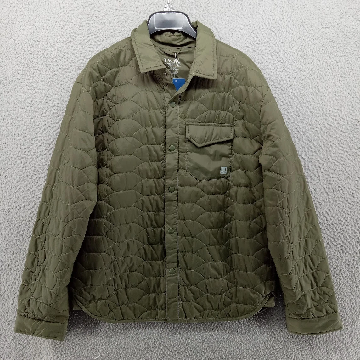 Huk Fishing Shacket Mens Small Green Tarpon Quilted Shirt Jacket Button Up Nylon