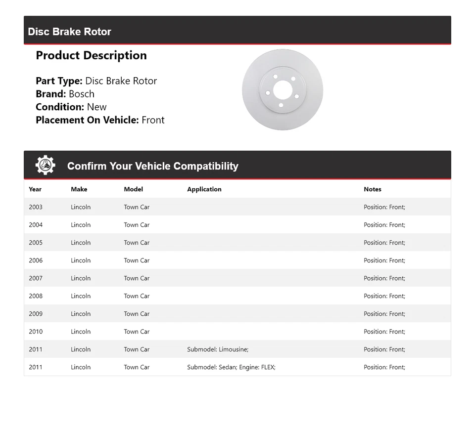 Тихий литой передний дисковый тормоз ротор для Lincoln Town Car Bosch 2003-2011 годов выпуска 2004 2005 годов выпуска - Изображение 2 из 4