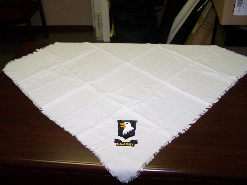 Vintage White Silk? Scarf Cover with Embroidery US Army Eagle 32” Square EUC