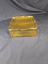 Vtg Federal Glass Amber Golden Yellow Square Refrigerator Dish w/ Lid 8.5 X 8.5