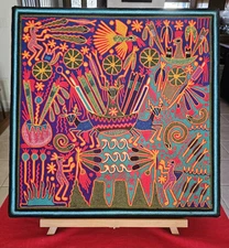 RARE "Sacred Aikutsi Gourd Bowl " Huichol Yarn Painting Indigenous Mexico Art