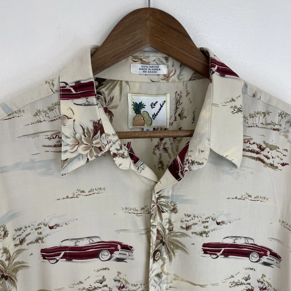 Camisa Ron Chereskin Rayón Para Hombre XL Beige Estampada Manga Corta Botón Hawaiano Foto 4 de 4