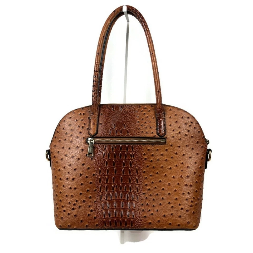 Bolsa satchel ISABELLE vegana urena couro avestruz cúpula marrom rica - Imagem 2 de 4