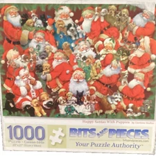 Bits and Pieces 1000 pc: Happy Santas with Puppies jigsaw puzzle Rare Vintage