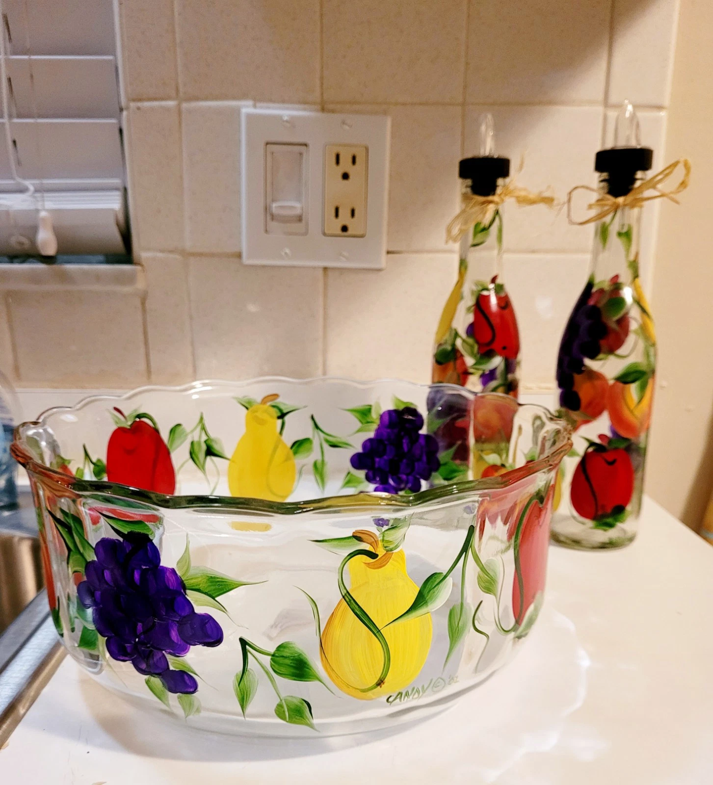Hand Painted Salad Bowl With Oil And Vinegar Dispensers