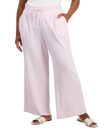 JM Collection Women's Plus Size Gauze Drawstring Pants (Lilac Sky, 2X) - Picture 2 of 2