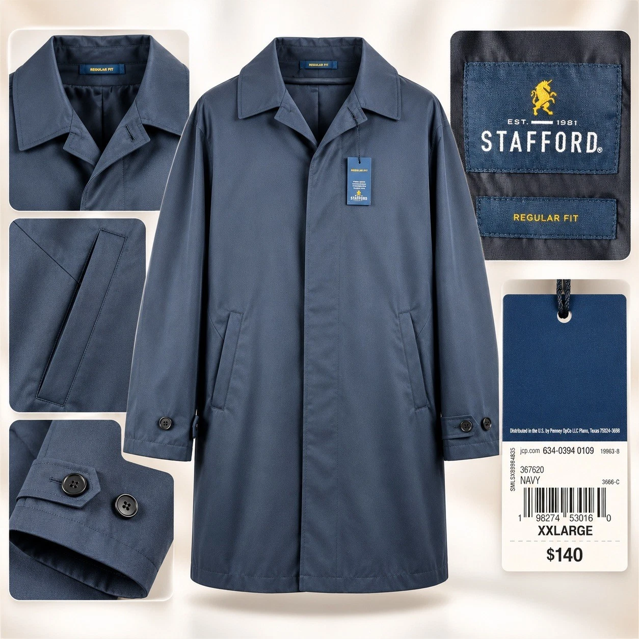 Stafford Rain Coat Men XXL Navy Blue Regular Fit Solid Button Front Lined New image 1