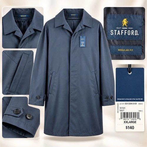Stafford Rain Coat Men XXL Navy Blue Regular Fit Solid Button Front Lined New video thumbnail