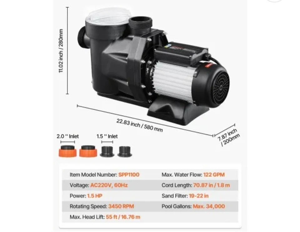Vevor Swimming Pool Pump 1.5HP SPP1100 - Image 4 of 4