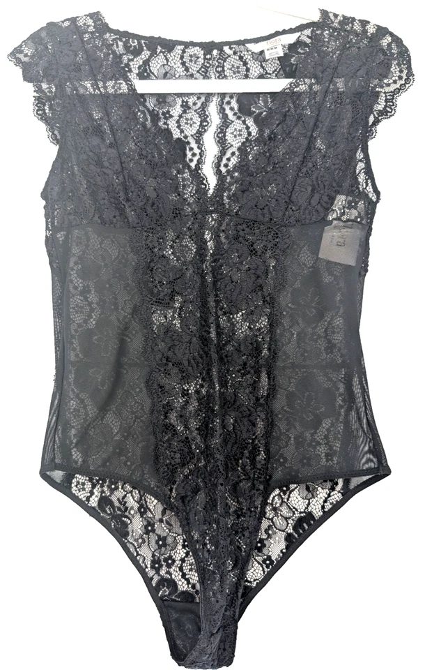 Flora Nikrooz Black Lace Sheer Dark Fairy Whimsigoth Illusion Mesh Bodysuit Med - Image 4 of 4