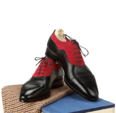 Handgefertigte Herrenschuhe rot Wildleder & schwarzes Leder zweifarbig formell elegant Schnürstiefel