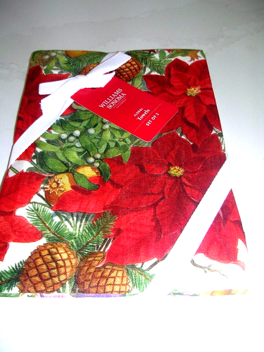 WILLIAMS SONOMA CHRISTMAS FLORAL KITCHEN TOWELS SET OF 2 ORG. COTTON ITALY NWTG - Picture 6 of 23