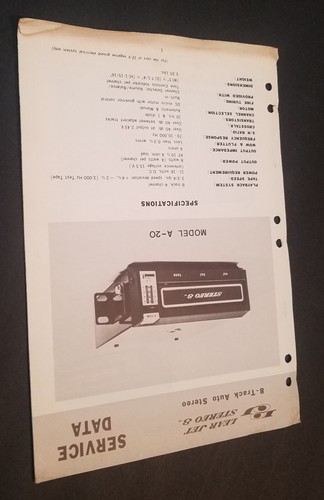 Lear Jet Stereo 8 Model A-20 8 Track Auto Stereo, Service Manual Learjet - 第 2/4 張圖片