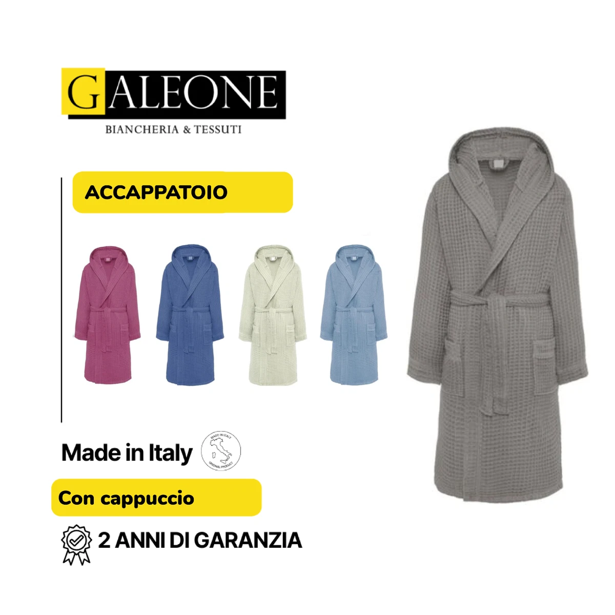 Accappatoio In Puro Cotone Nido D'ape Con Cappuccio, Unisex, Taglie M-L-XL-XXL - 3