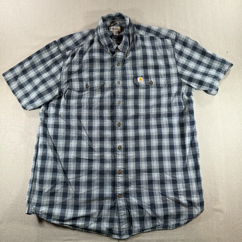 Carhartt Short Sleeve Button Shirt Mens XLT Blue Plaid Relaxed Fit Classic Work