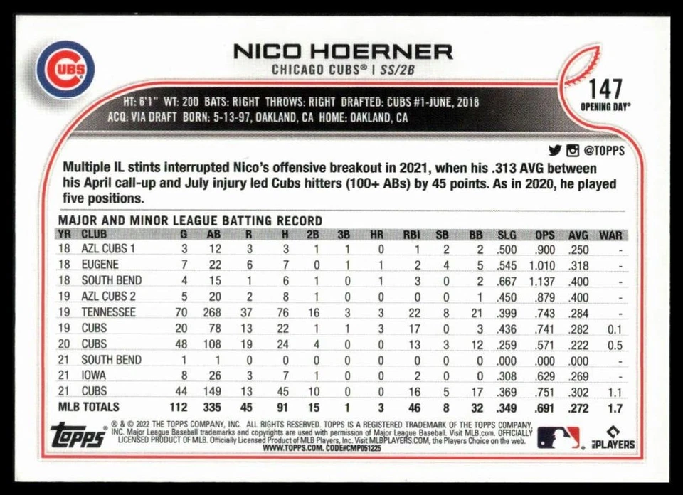 2022 TOPPS OPENING DAY #147 NICO HOERNER CHICAGO CUBS - Image 2 of 2
