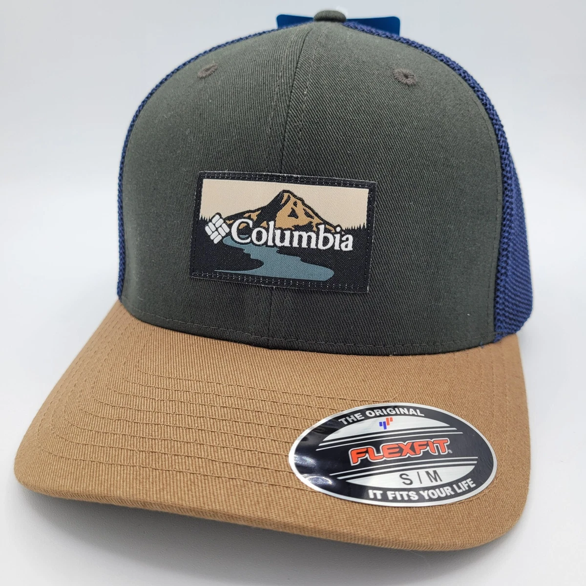 Columbia Hat Baseball Cap Flex Fit S/M Everest Green Tan Navy Mesh Back  Mountain