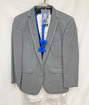 Allure Men Grey Tuxedo with Shirt Vest Bow Tie Studs Cuff-Links Slim Fit 44S 36W