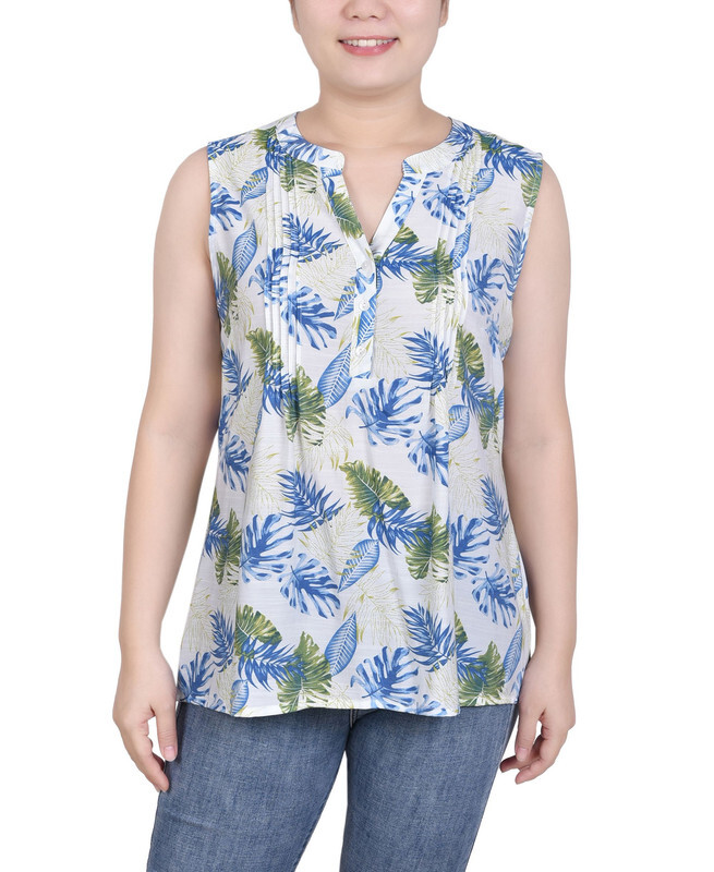 売れ筋商品|||ニューヨークコレクション カットソー トップス レディース Plus Size Sleeveless Pintucked Blouse Ivory Tropical Leaves NY Collection Women's Petite Blouse (Ivory Tropical Leaves