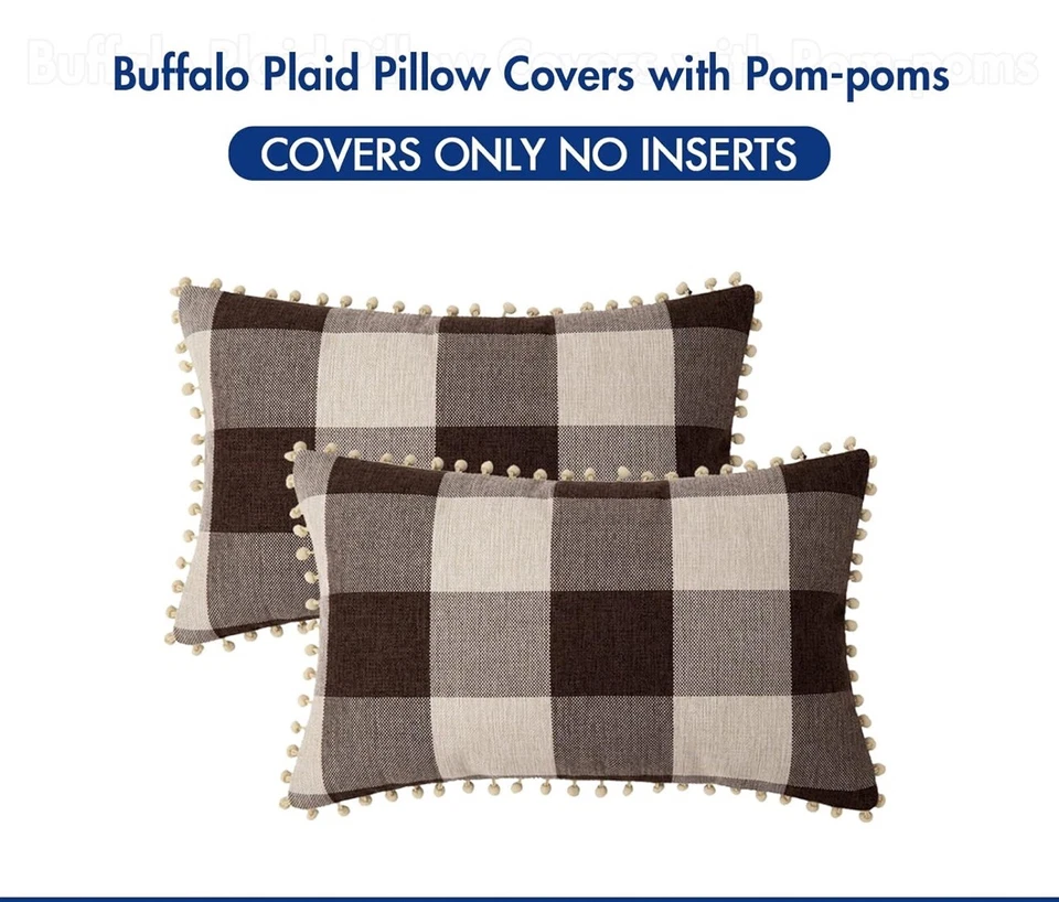 Set of 2 Buffalo Plaid Check Throw Pillow Covers 12"X20" Black and White - Image 3 of 3