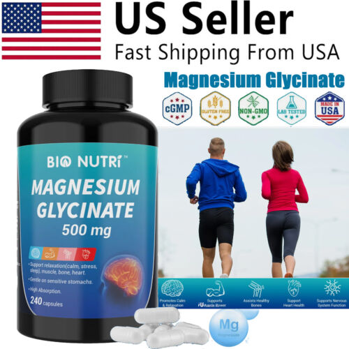 Magnesium Glycinate 500mg - 240 Capsules For Sleep, Stress Relief Support Bone - Picture 1 of 9