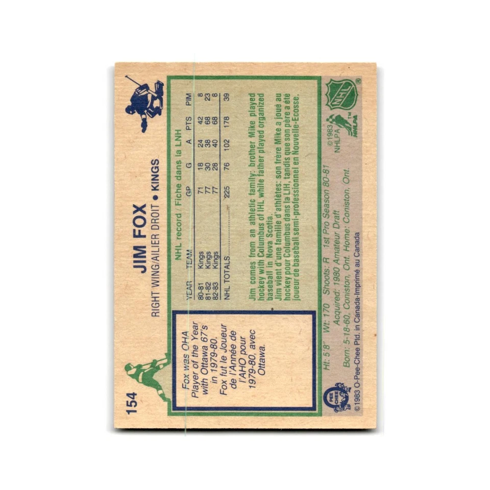 1983 O-Pee-Chee Jim Fox Los Angeles Kings #154 - Image 2 of 3