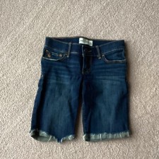 ABERCROMBIE KIDS GIRLS DENIM SHORTS, 12, DARK WASH, FIVE POCKET, FRAYED AT HEM