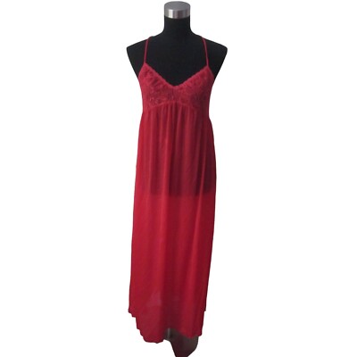 VTG VANITY FAIR Red Lace Bodice Nylon Blend Strappy Back Nightgown Sz S   USA