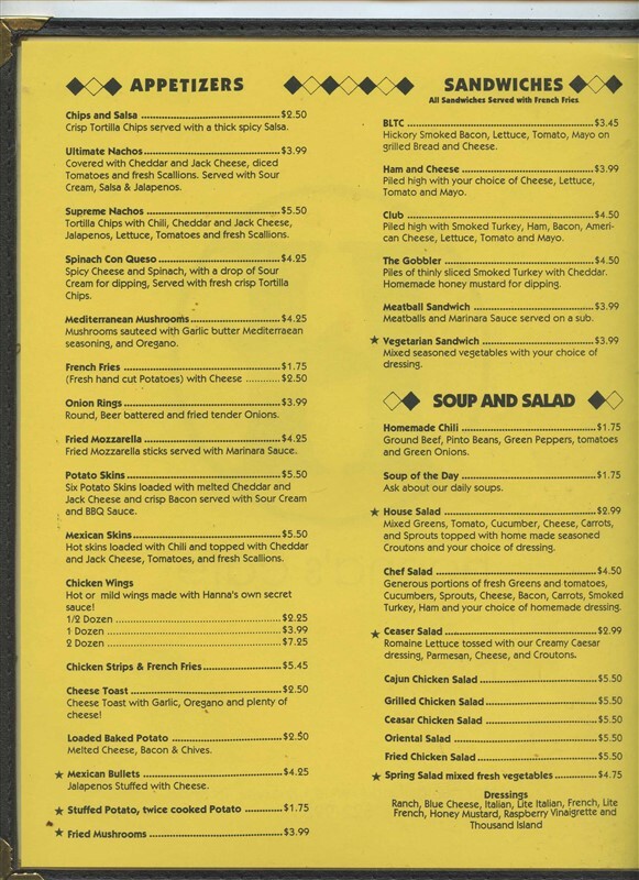 Hanna's Cafe Lunch & Dinner Menus Cumberland Ave Knoxville Tennessee 1990's eBay