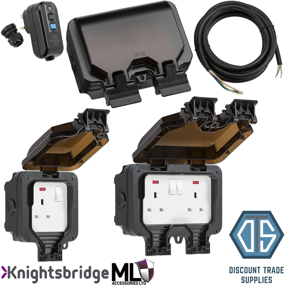 KNIGHTSBRIDGE ML Outdoor Weatherproof IP66 Single Double Socket RCD Kit Black OP7N OP9N OPRCDKIT