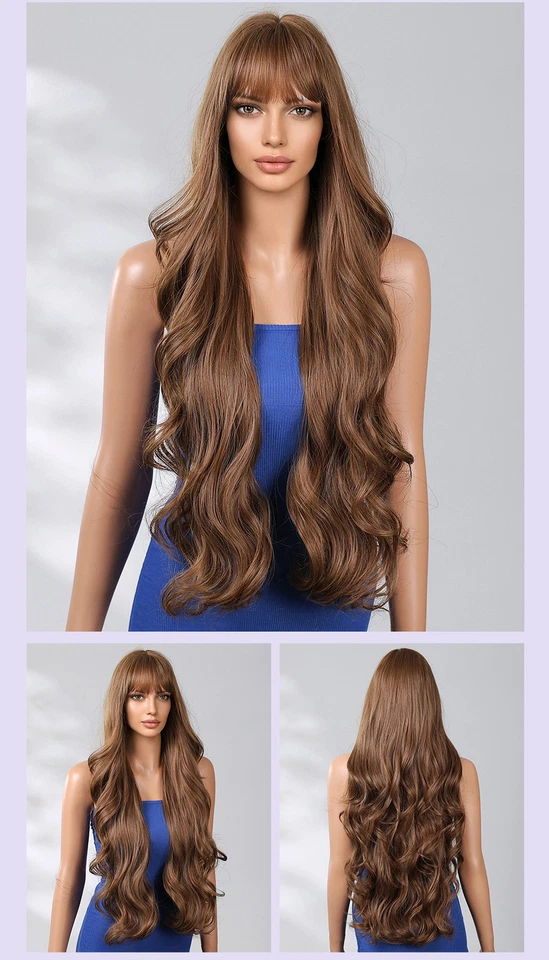 30" Long Wavy Brown Wigs for Women Dark Brown Wig With Bangs Natural Hair Wigs - Image 2 of 4