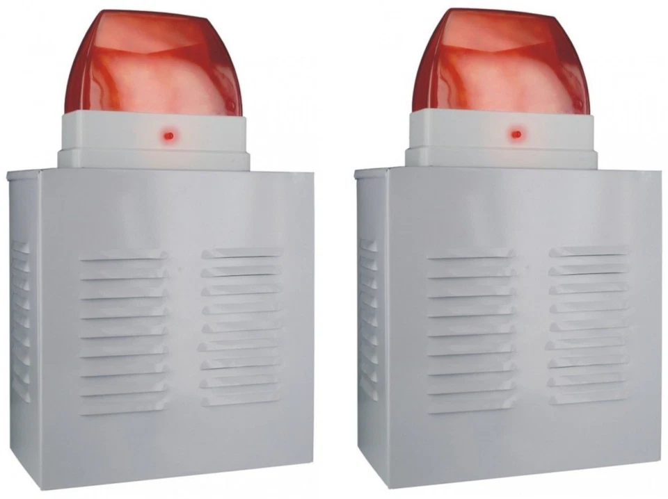 ELRO 2 Stück Fassadenbox Alarmanlage Sirene Attrappe Dummy LED Batterie Alu-Gehäuse