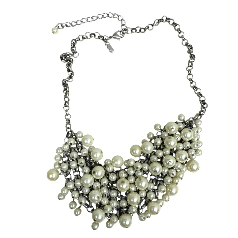 Lane Bryant Cluster Faux Pearl Statement Necklace Bib Silver Chain Jewelry 10 in - Image 3 of 4