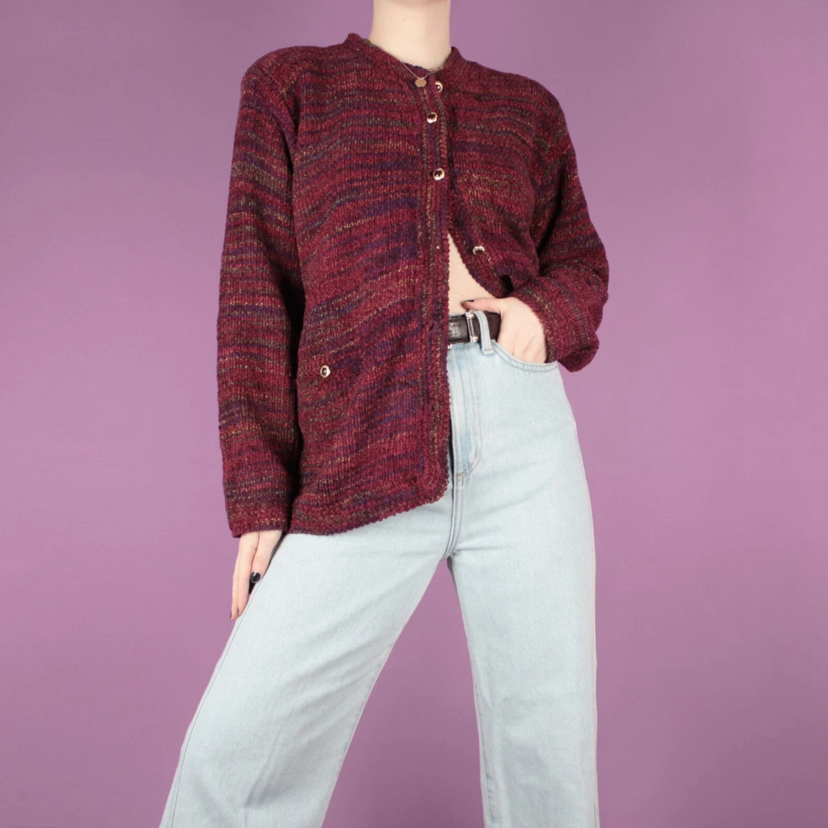 VINTAGE 90s Red Retro Womens Grunge Knit Cardigan Jacket Jumper M