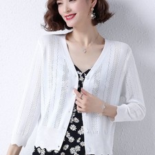 Cardigan Pull Femme Maille Lâche Col V Manches 3/4 Boutons Creux Rayé