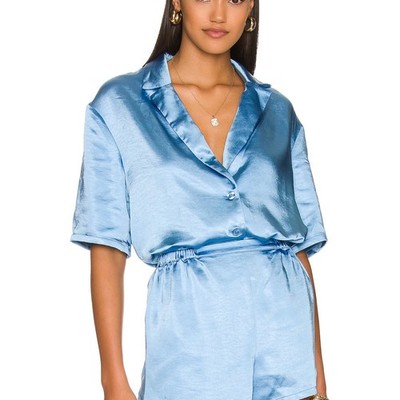 House of Harlow Dusty Blue Satin Oversize Button Down Shirt SMALL Boxy $158 NEW