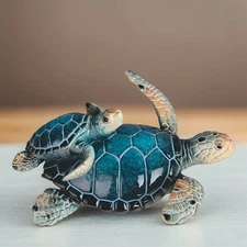 5"W Blue Sea Turtle with Cub Figurine Ornament Home Decor Unique Gift