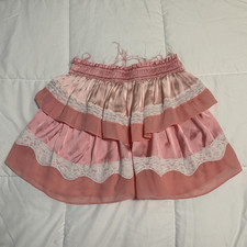 LoveShackFancy Pink Tiered Ruffle Lace Mini Skirt Elastic Pull-On Waist S