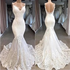 Mermaid Lace Applique Wedding Dress Sweep Train Spaghetti Strap Backless Zipper