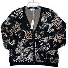 Chico's Jacquard Animal Print Cardigan Sweater Womens Size 2 Large Black Tan NWT