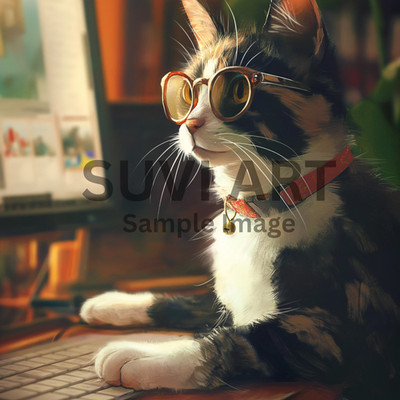 Digital Image Wall art Cute Cat operating Computer for living & bed room A-33