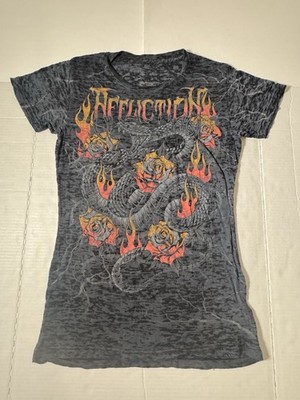 NWOT Affliction Snake Rose Flame Lightning Sheer T Shirt Printed Gray Women  XL