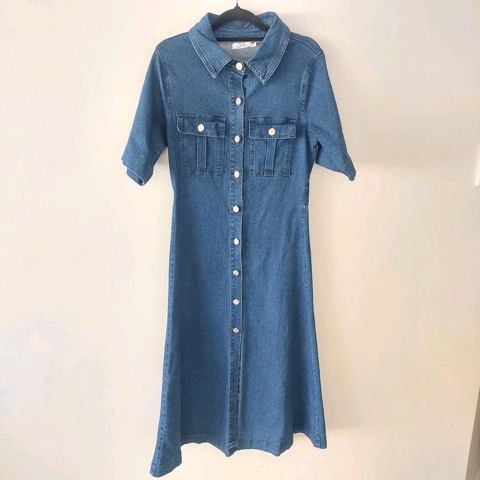 FRIA Design Blue Denim Midi Dress Size 10 Fitted Stretch Elastic Waist Button Up