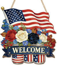 4Th of July Welcome Sign - Independence Day Wooden Hanger Door Sign USA Patrioti