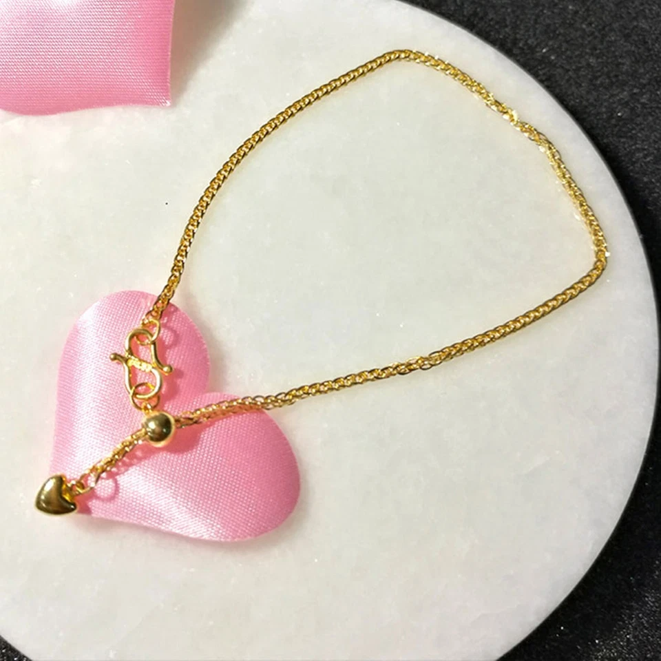 1PC Pure 999 24K Yellow Gold Chain Heart Bead Wheat Adjust Bracelet Anklet 1.7g - Image 4 of 4