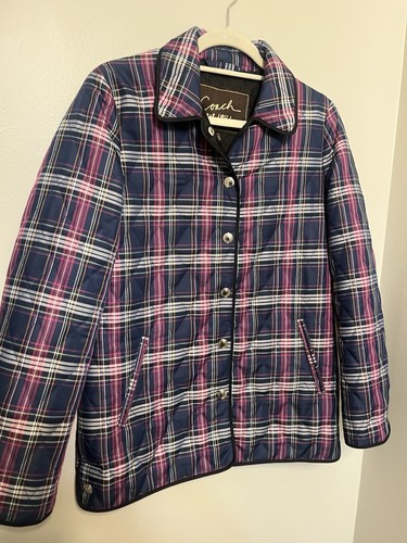 Coach Quilted Navy Blue & Purple Plaid Print Long Sleeve Snap Front Jacket Sz XS - Picture 6 of 13