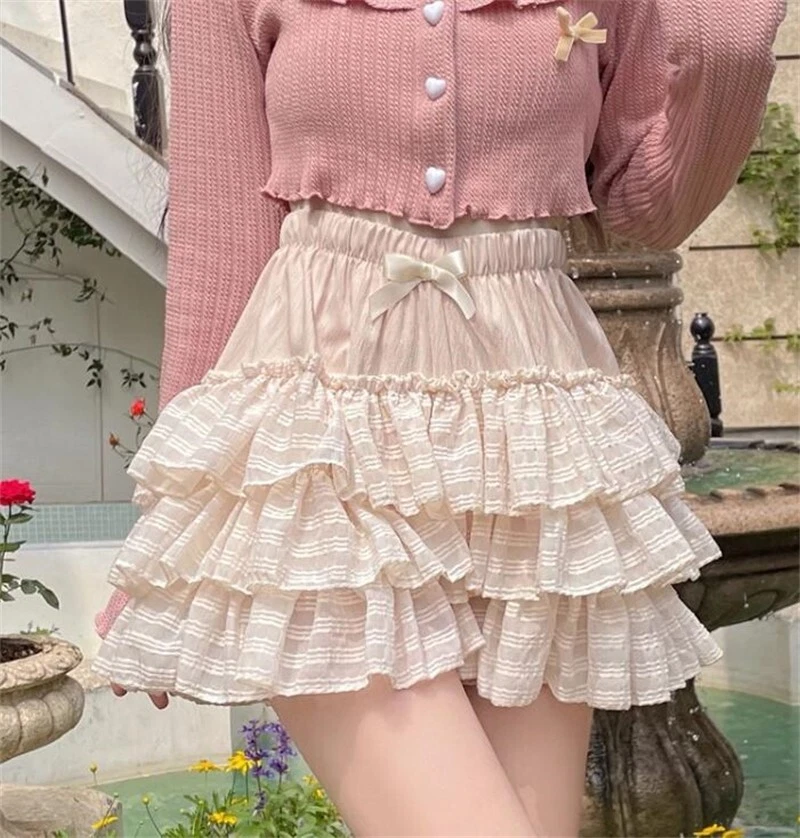 Japanese Lolita Girls Sweet Shorts Skirts Ruffles High Waist Chiffon A-line skir