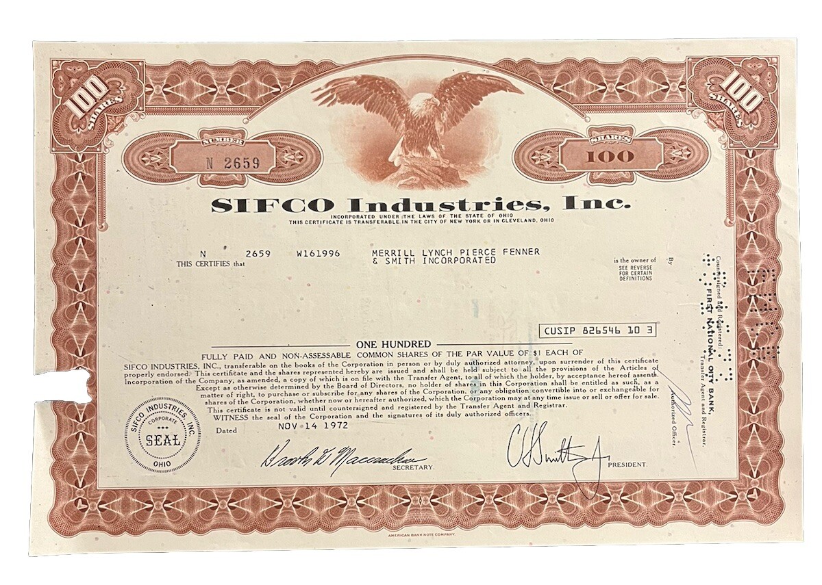 1972 SIFCO Industries, Inc. Stock Certificate #N2659, (Cleveland