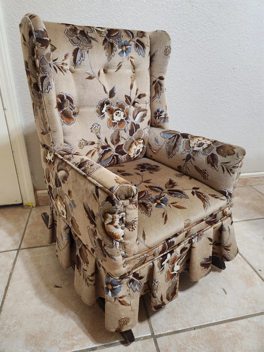 1990s Vintage Floral Wooden Upholstered Doll Rocking Chair